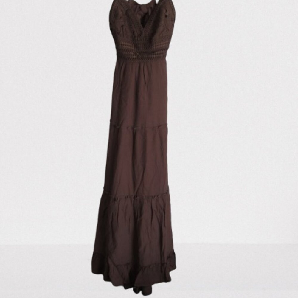 Love Tree Ankle Length Crochet Layered Panels Long Dress in Cocco - Picture 2 of 7